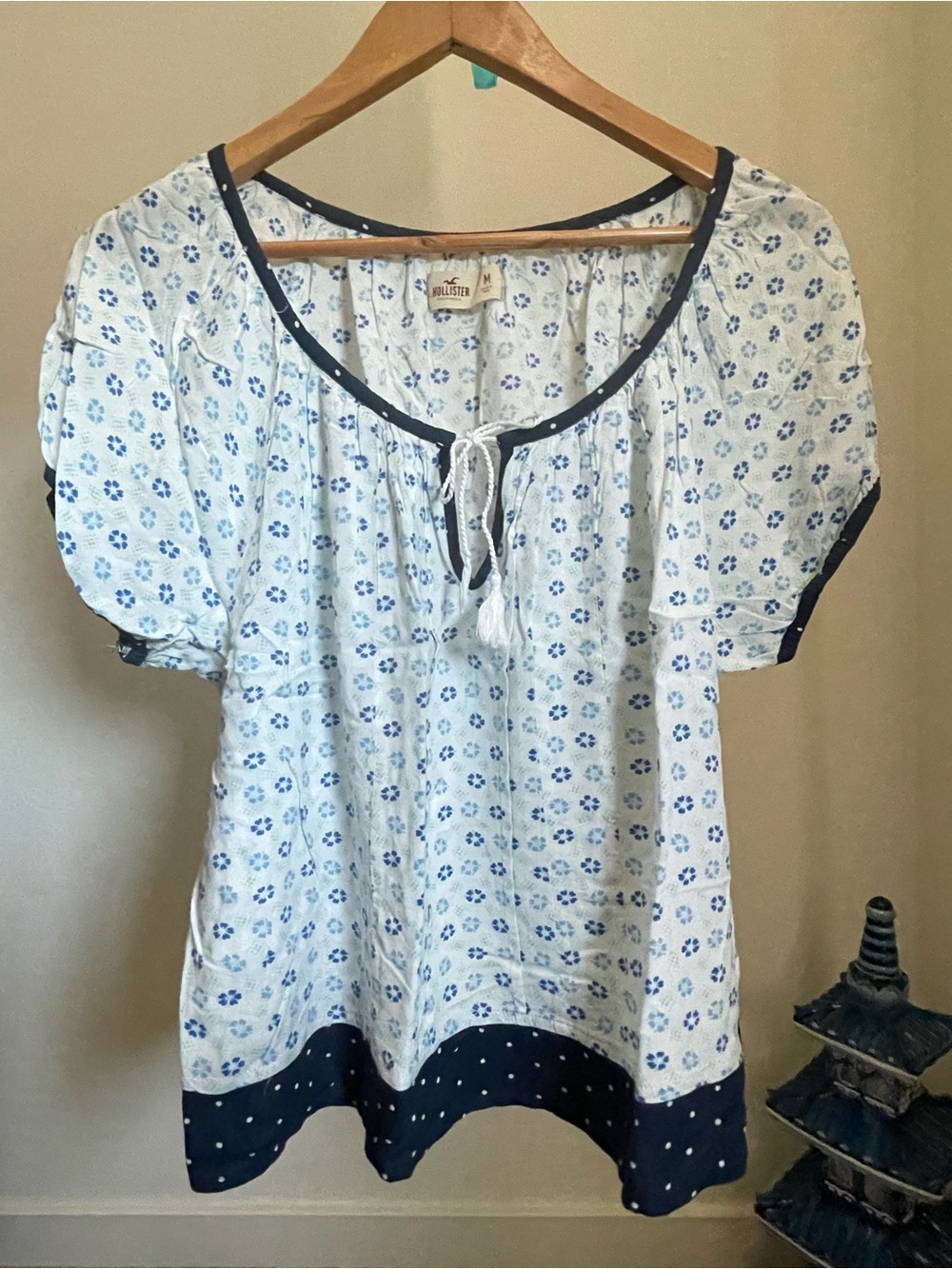 Hollister White Peasant Tunic with Blue Floral Print